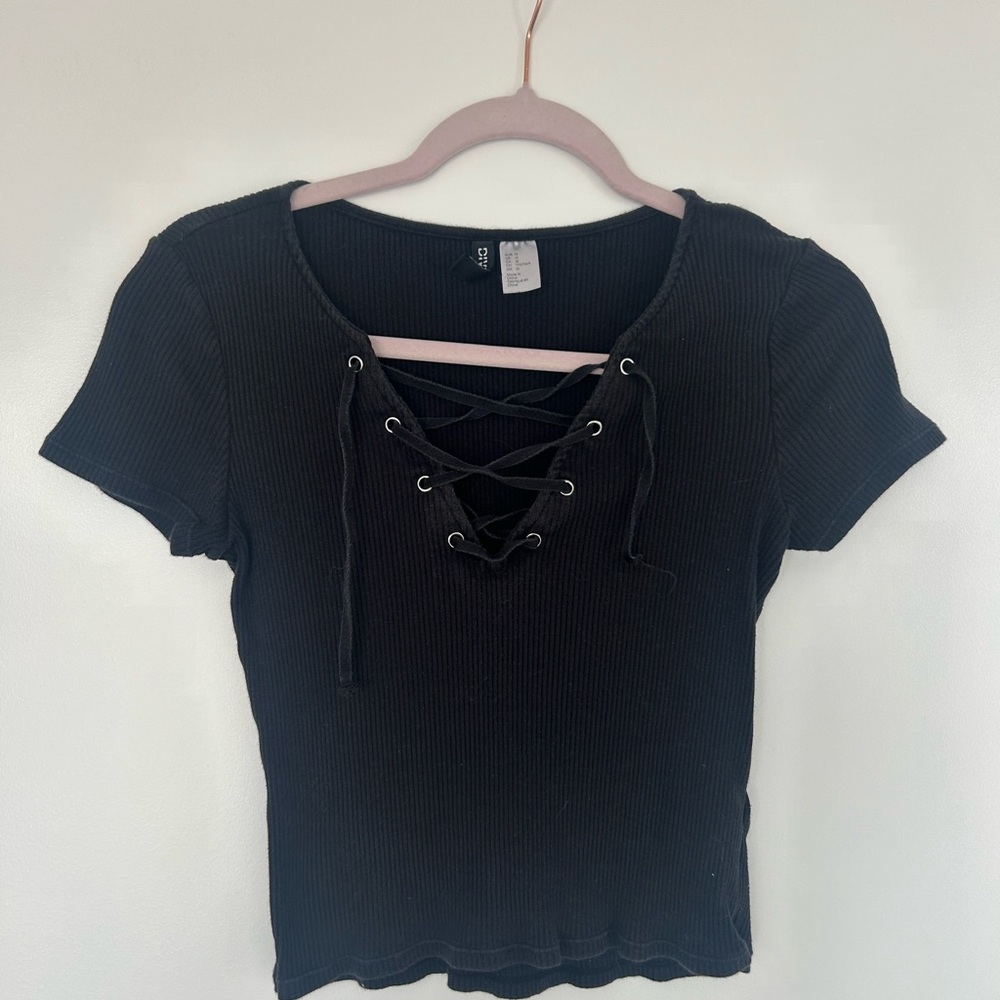 Black Lace-Up Ribbed Top